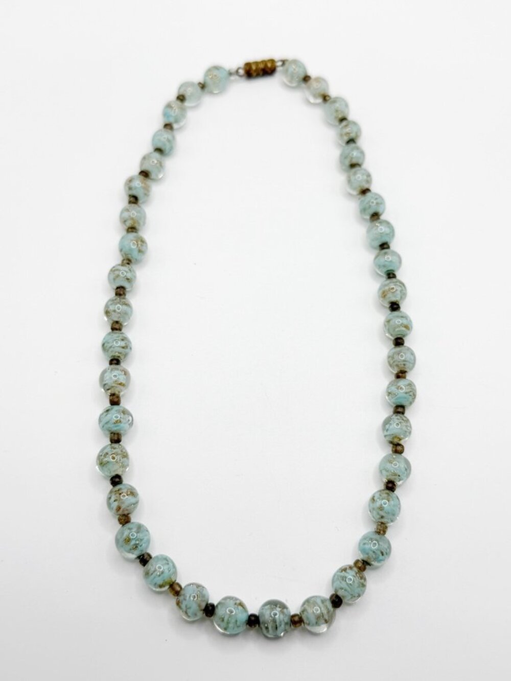 MURANO ITALY‎ Golden Foil BLUE SWIRL GLASS 16” BEADED NECKLACE